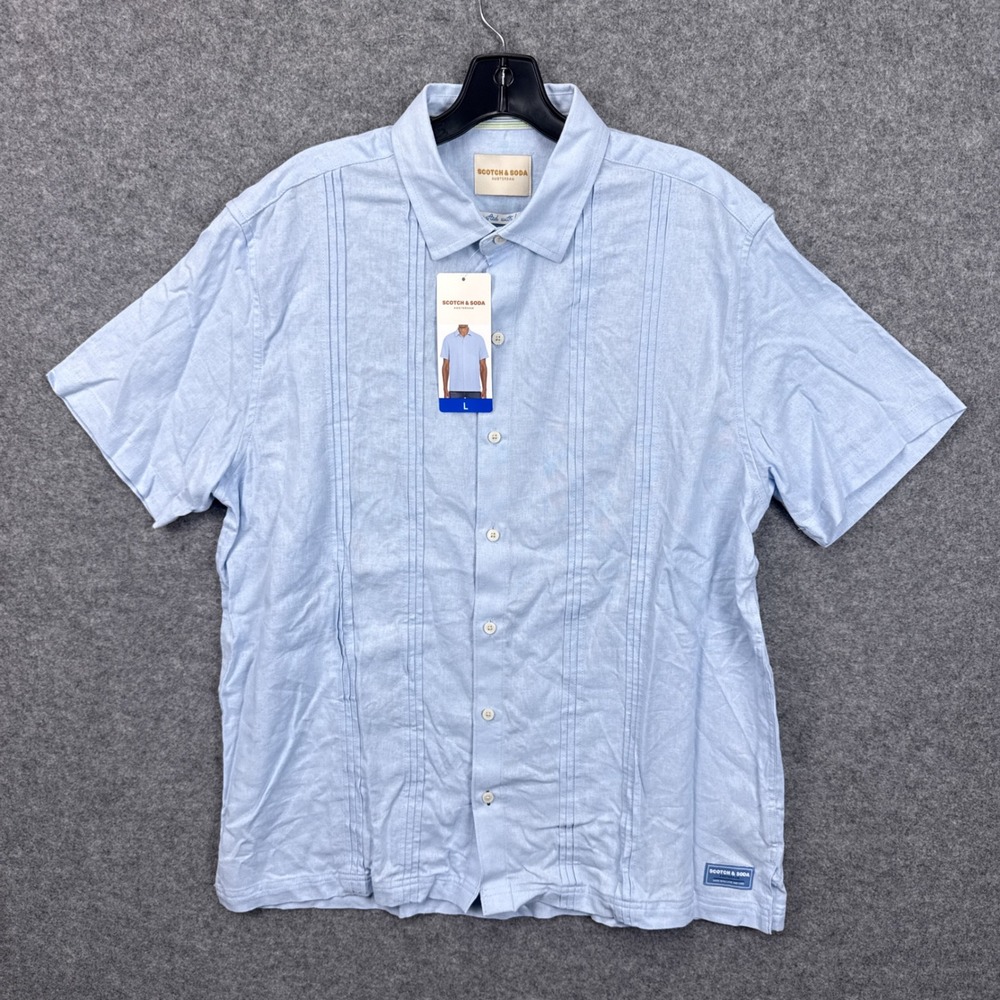 Scotch & Soda Shirt Mens L Blue Linen Blend Pintuck Short Sleeve Button Down NEW